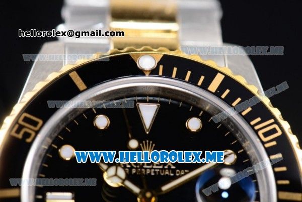 Rolex Submariner Clone Rolex 3135 Automatic Two Tone Case/Bracelet with Black Dial and Dot Markers PVD Bezel (BP) - Click Image to Close
